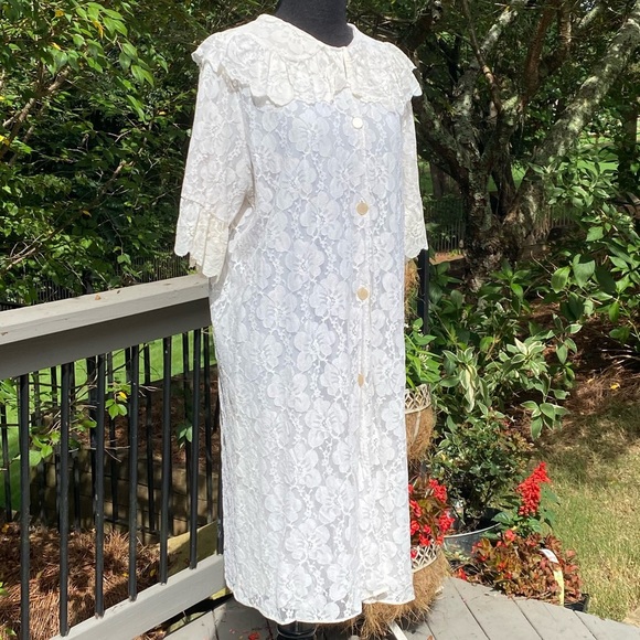 Vintage 50s 60s Lace Cottagecore Glammy Robe Dressing Gown Duster Coat Jacket - Picture 2 of 14